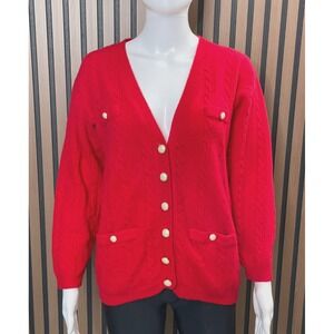 Worthington Women's PM Red Wool Blend Cable Knit Cardigan Sweater Vintage Button